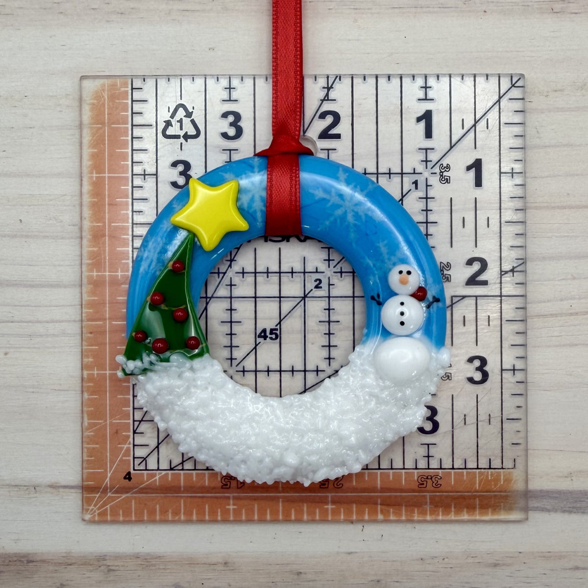 Fused Glass Snowman and Christmas Tree Wreath Ornament