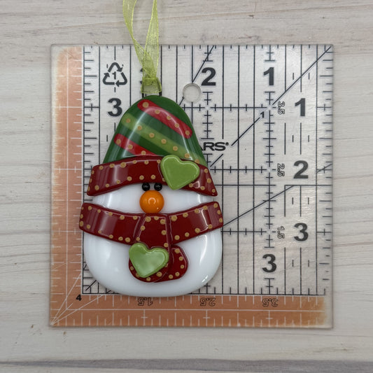 Green and Red Fused Glass Snowman Ornament
