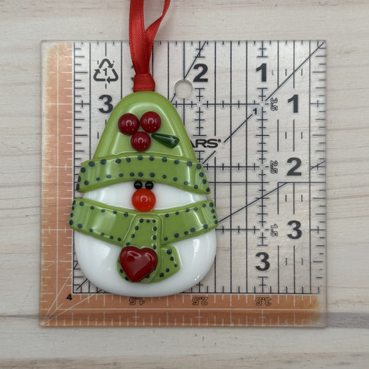 Fused Glass Snowman Ornament with Green Hat, Scarf & Red Heart