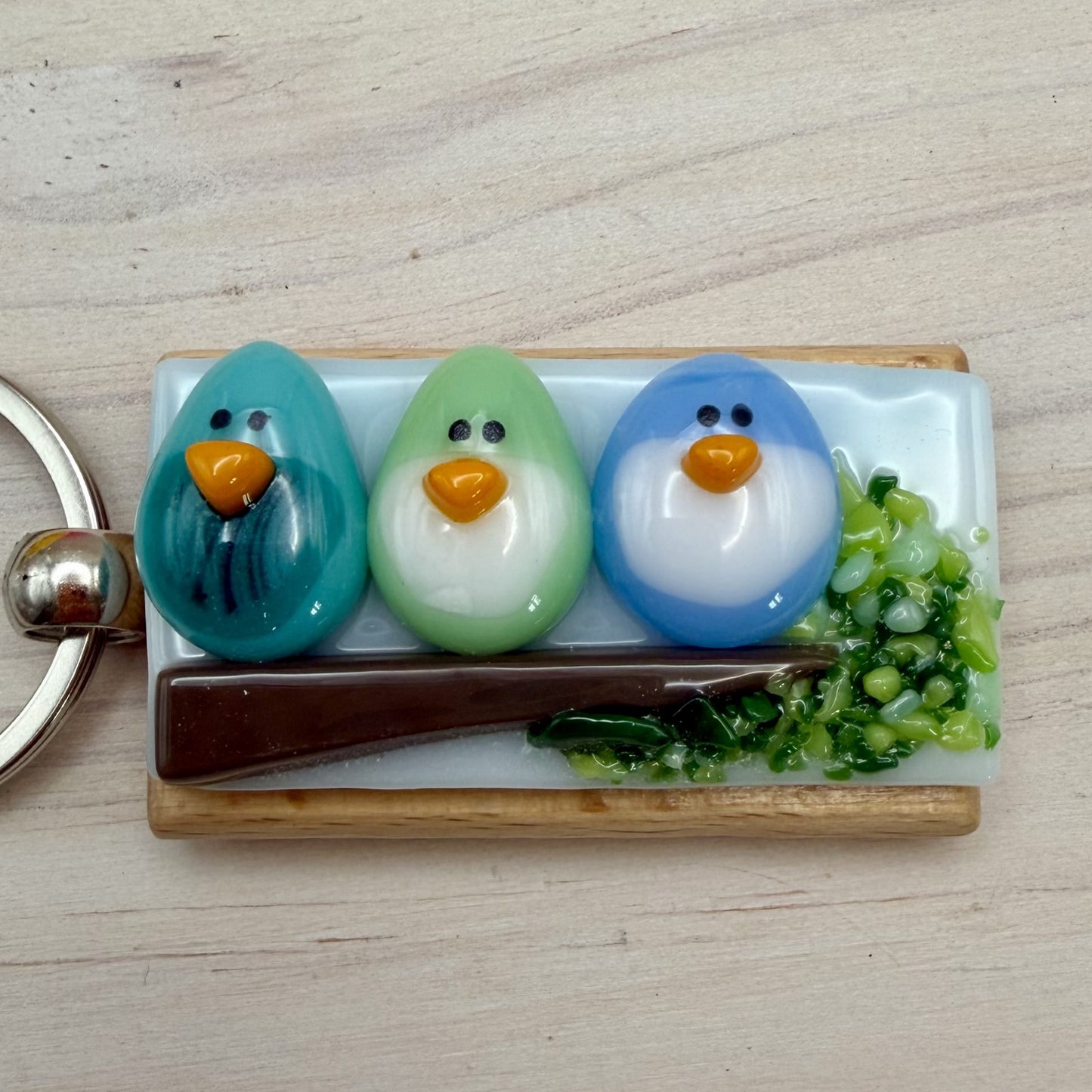 Fused Glass Bird Keychain – Three Birds on a Branch Beechwood Keychain