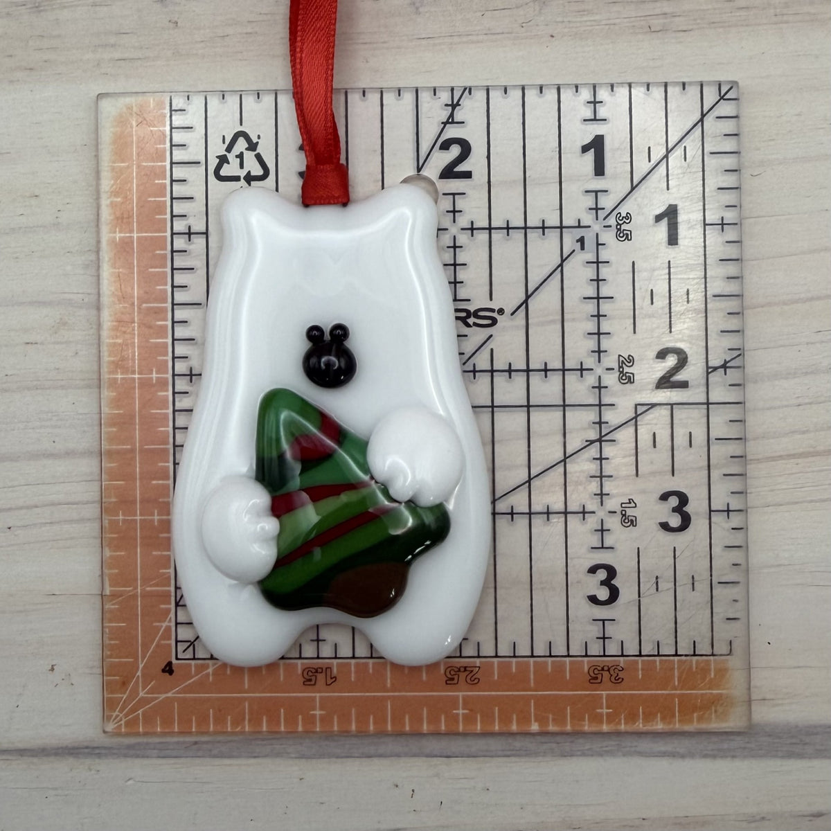 Fused Glass Polar Bear with Christmas Tree Ornament