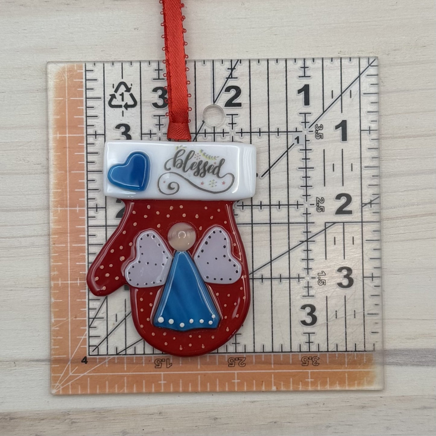 Fused Glass Angel Mitten Ornament – Red Christmas Mitten with Blue Angel and “Blessed” Cuff