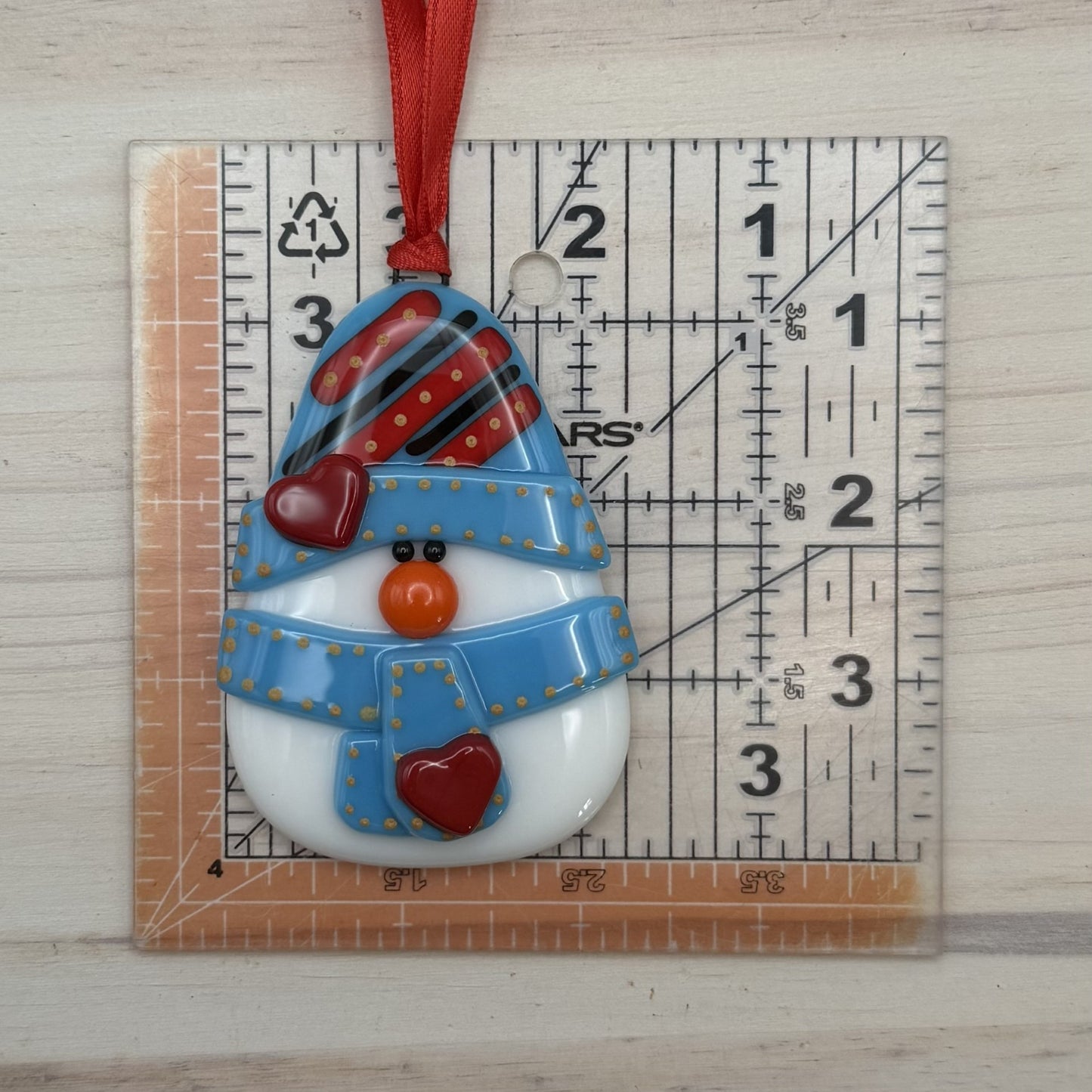 Handmade Fused Glass Snowman Ornament – Blue Hat Christmas Tree Ornament – Holiday Decoration – Ready to Ship