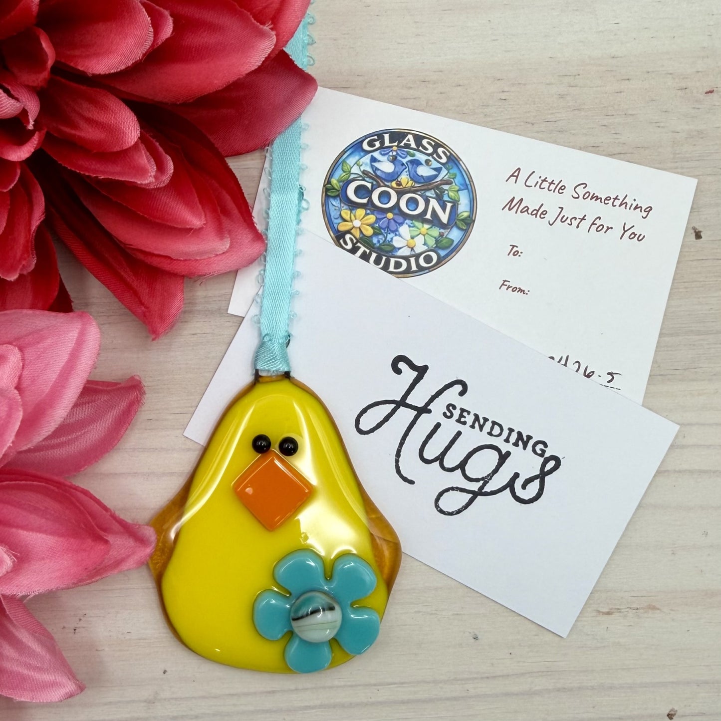 Fused Glass Baby Chick Ornament with Flower – Yellow Chick with a Blue Flower Flower – Handmade Glass Ornament