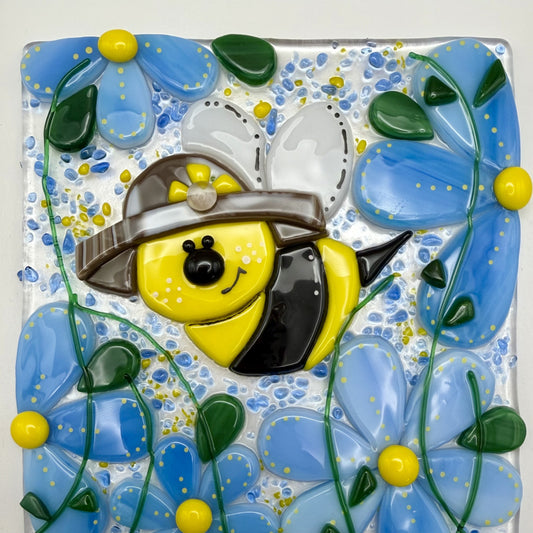 Happy Bee in the Flowers – Fused Glass Panel in White Wood Frame (9x12)
