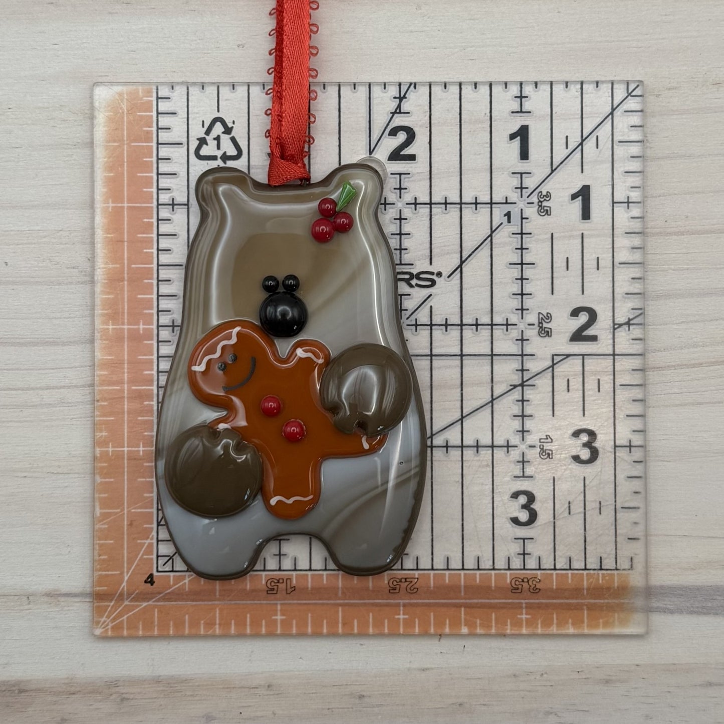 Handmade Fused Glass Bear Ornament with Gingerbread Man – Woodland Christmas Ornament – "You Make Everyday Bearable"