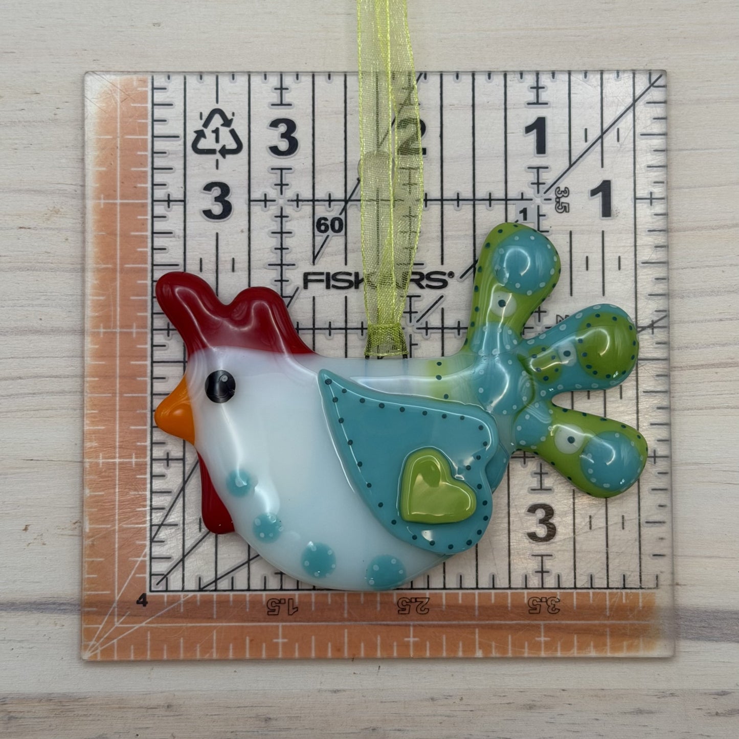 Whimsical Fused Glass Chicken Ornament with Polka Dots & Heart Wing