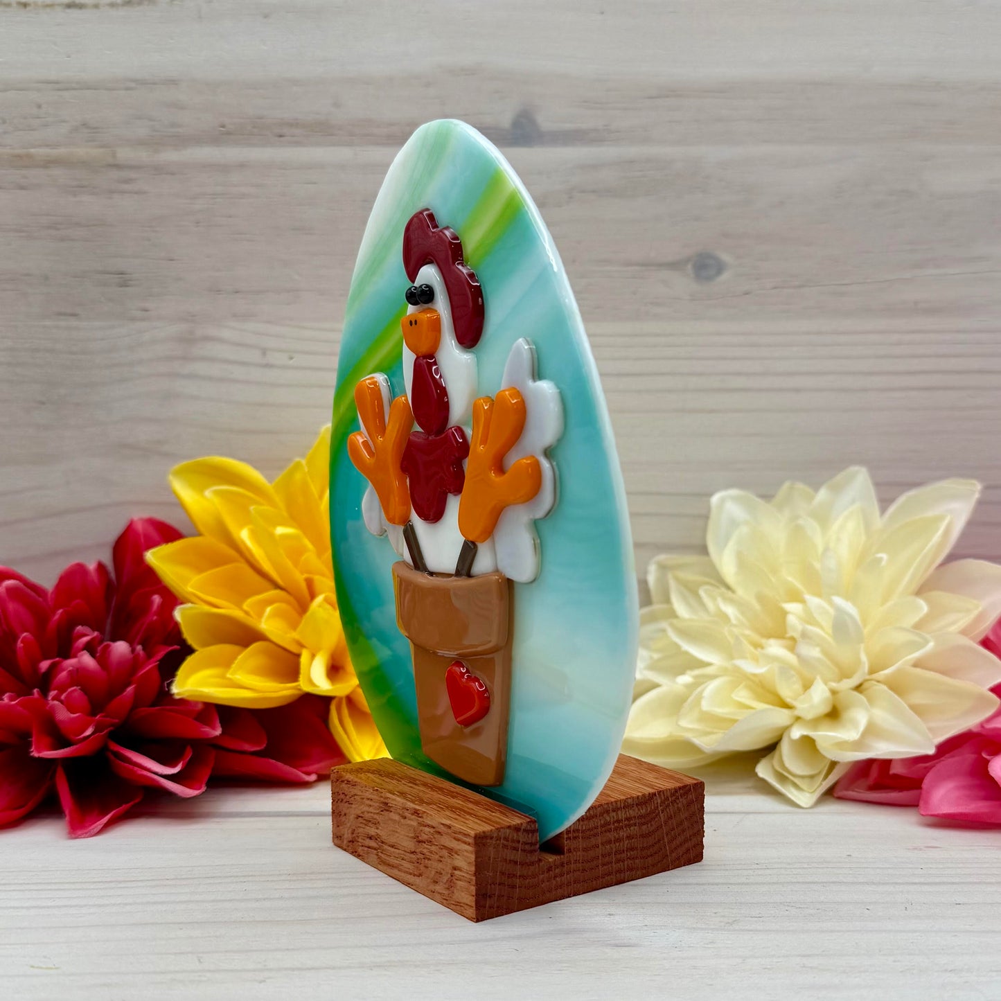 Fused Glass Chicken in a Flower Pot with a Green and Blue Egg