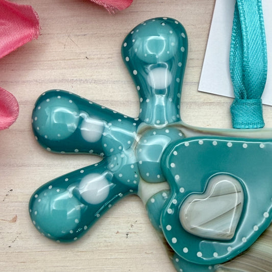 Fused Glass Chicken Ornament – Whimsical Polka Dot Hen with Teal Accents