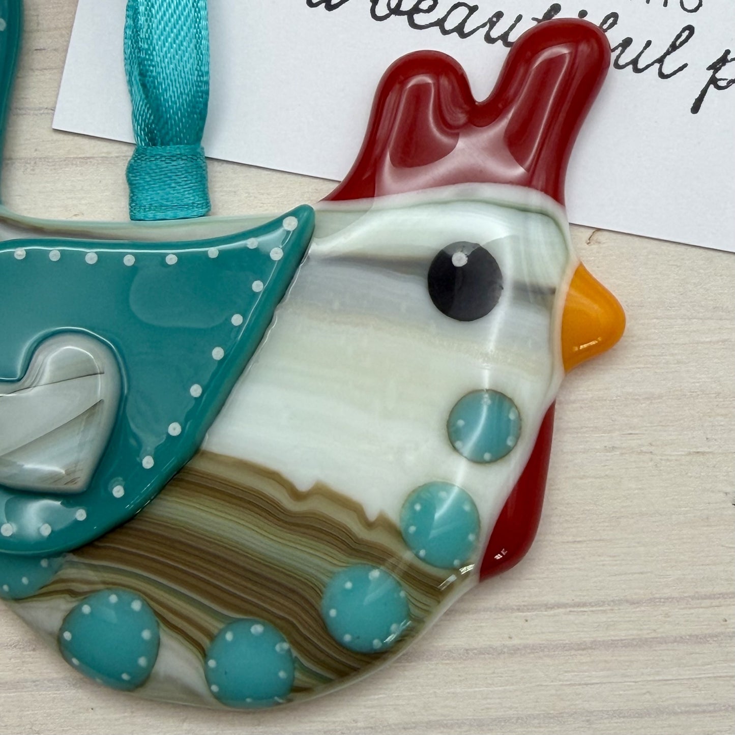 Fused Glass Chicken Ornament – Whimsical Polka Dot Hen with Teal Accents