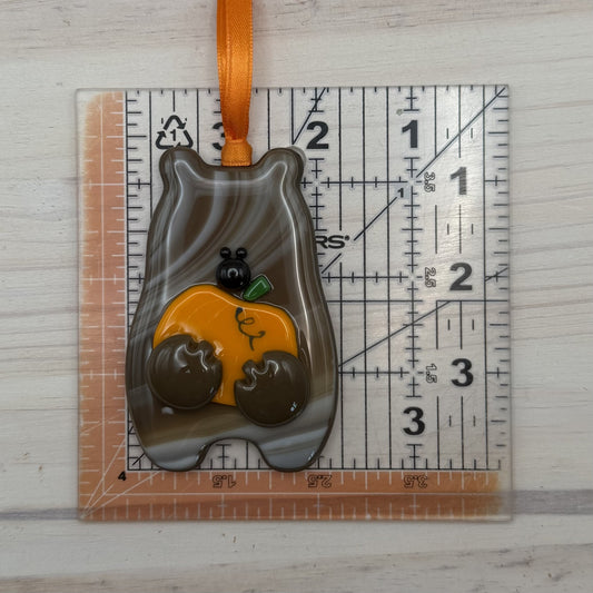 Handmade Fused Glass Bear Ornament Holding Pumpkin – Fall Bear Christmas Ornament – Autumn Glass Decor