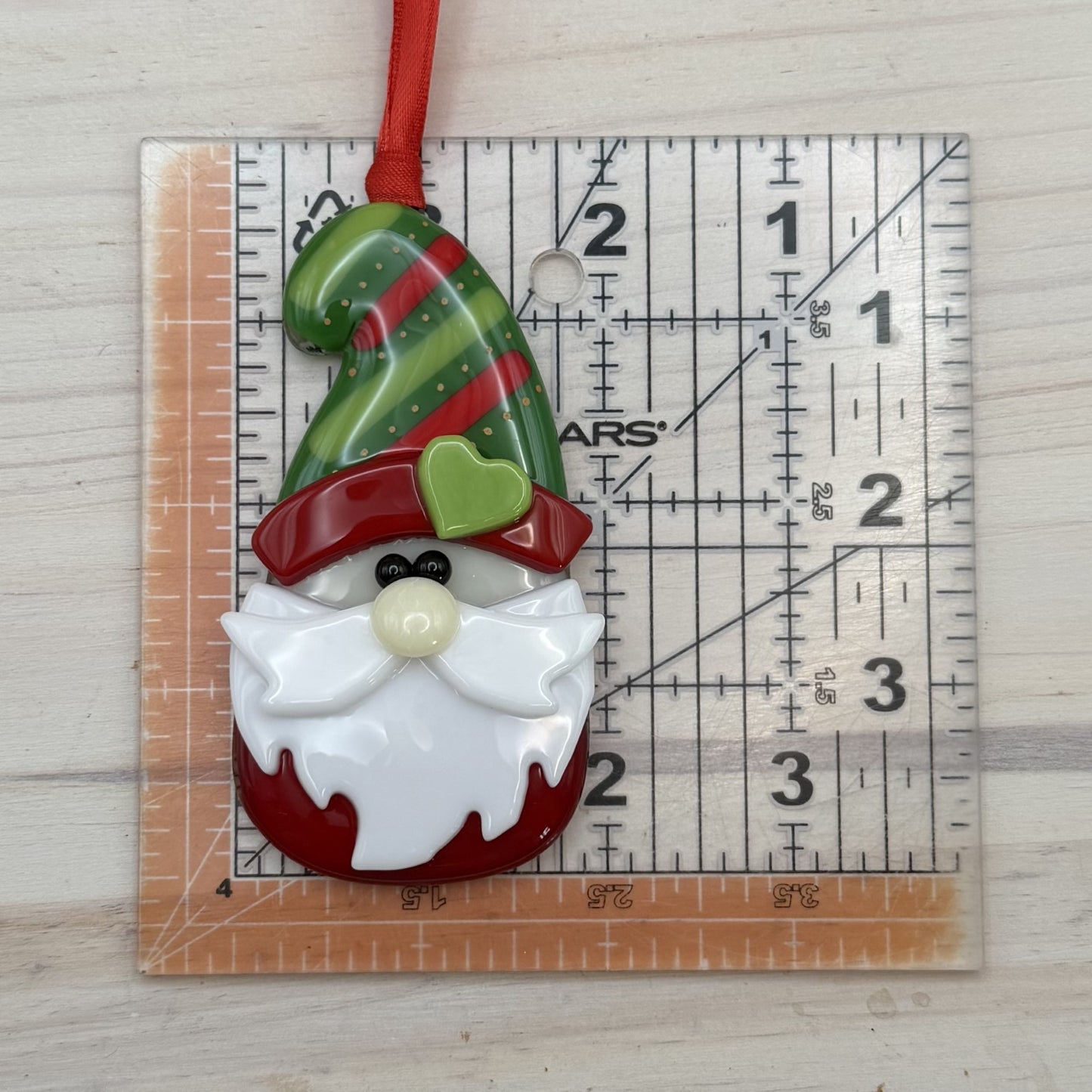 Fused Glass Christmas Gnome Ornament – Green Striped Hat with Heart