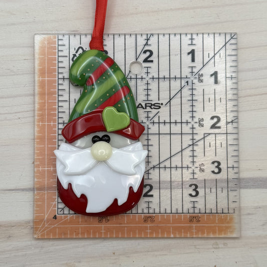 Fused Glass Christmas Gnome Ornament – Green Striped Hat with Heart