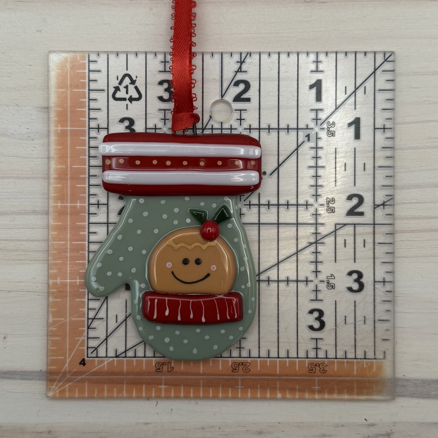 Fused Glass Gingerbread Man Mitten Ornament – Sage Green Christmas Ornament with Red Cuff