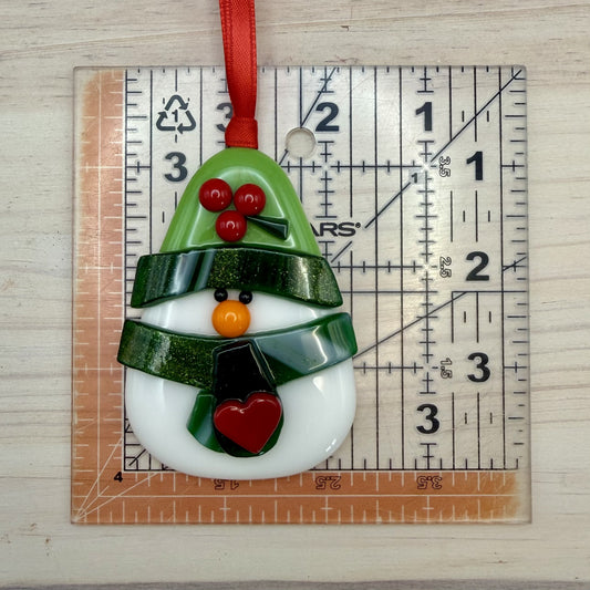 Fused Glass Snowman Ornament with Heart Scarf – Handmade Christmas Decoration