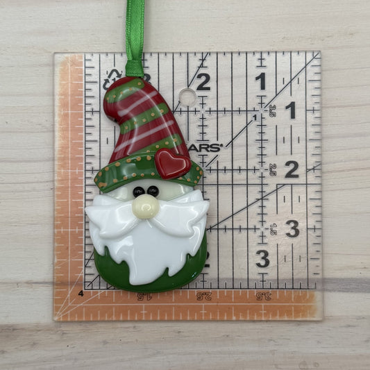 Handmade Fused Glass Christmas Gnome Ornament with Heart – Red & Green Holiday Gnome – "I'll Be Gnome For Christmas"