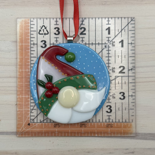Fused Glass Christmas Gnome Ornament – Red & White Hat with Holly