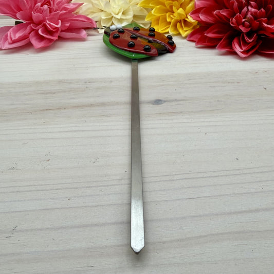 Fused Glass Ladybug Plant Stake on Leaf – Garden Décor – Handmade Glass Garden Stake