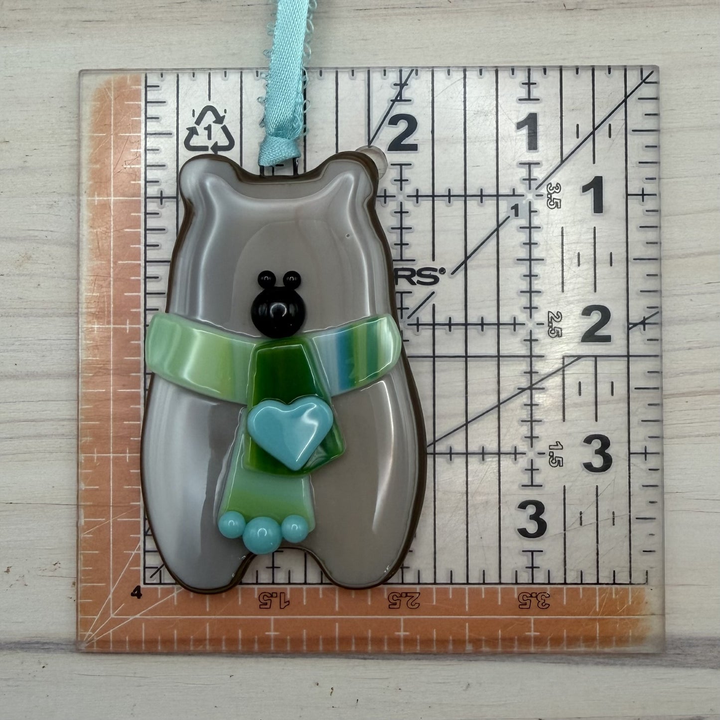Handcrafted Fused Glass Brown Bear Ornament with Blue Heart Scarf – "You Make Everyday Bearable"