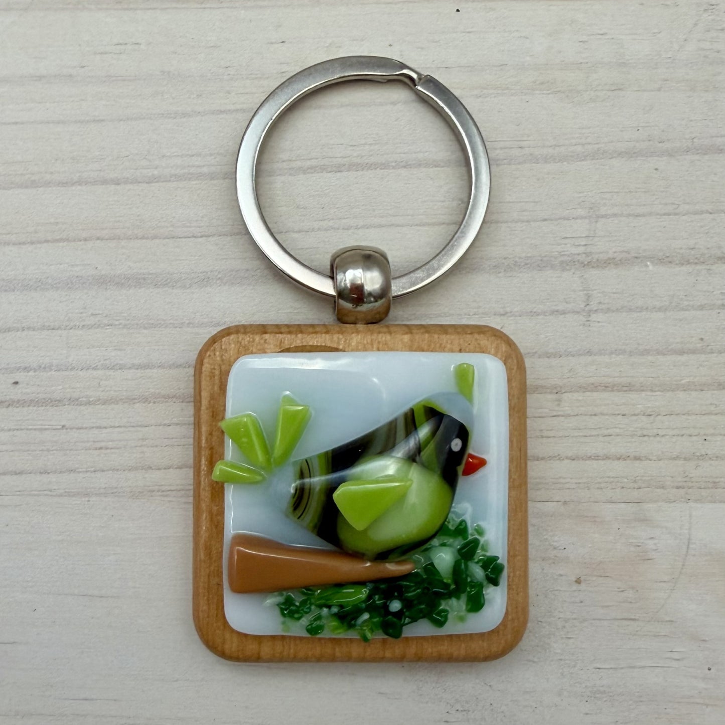 Fused Glass Bird Keychain – Handmade Beechwood Keychain with Whimsical Bird