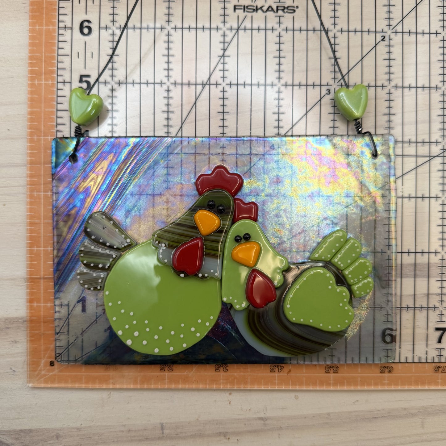 Whimsical Fused Glass Chicken Hanging Panel – Lime Green & Brown Chickens on Iridescent Glass