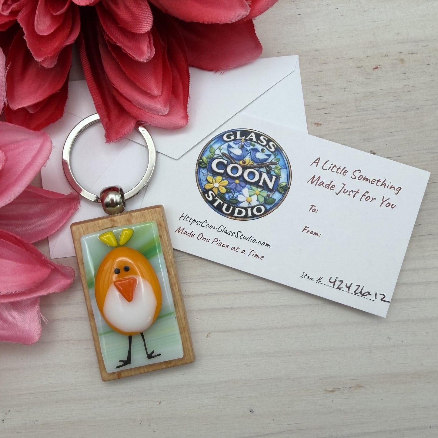 Marigold Bird Glass Keychain – Handmade Fused Glass Bird on Beechwood Base