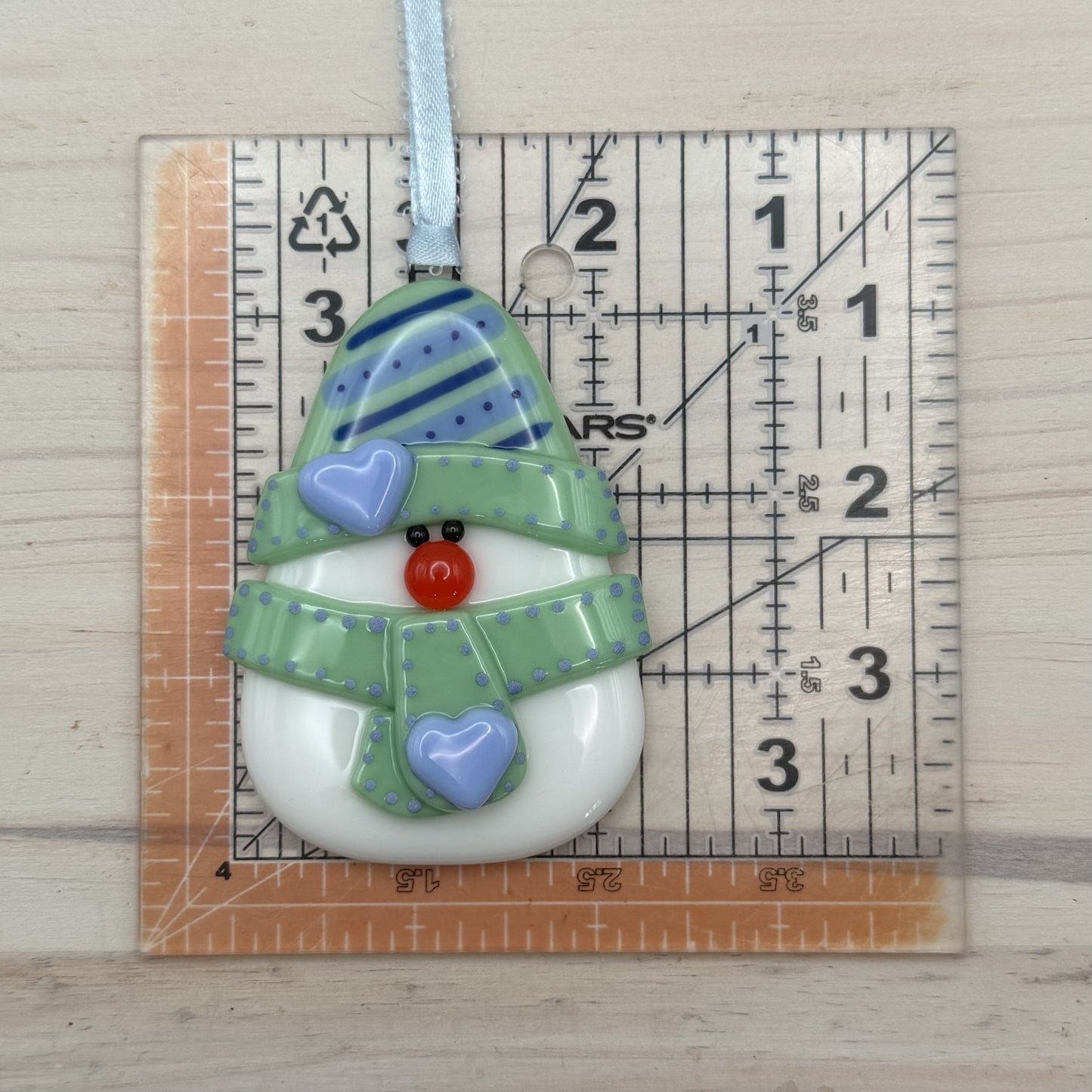 Fused Glass Snowman Ornament – Mint Green Handmade Christmas Ornament