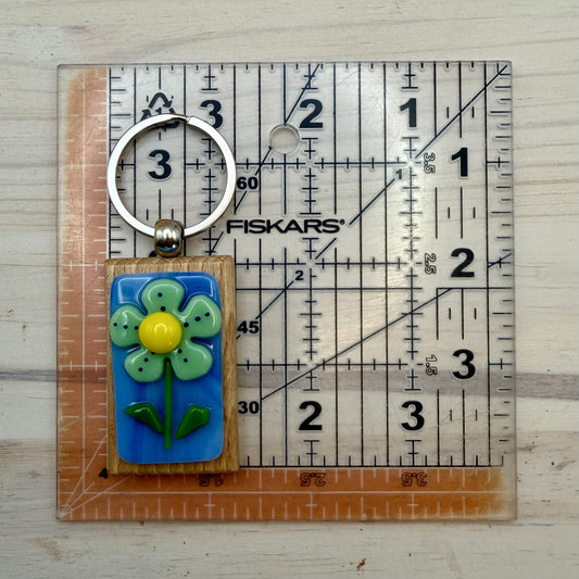 Pastel Green and Yellow Flower Fused Glass Keychain – Handmade Floral Glass Keychain on Beechwood Base