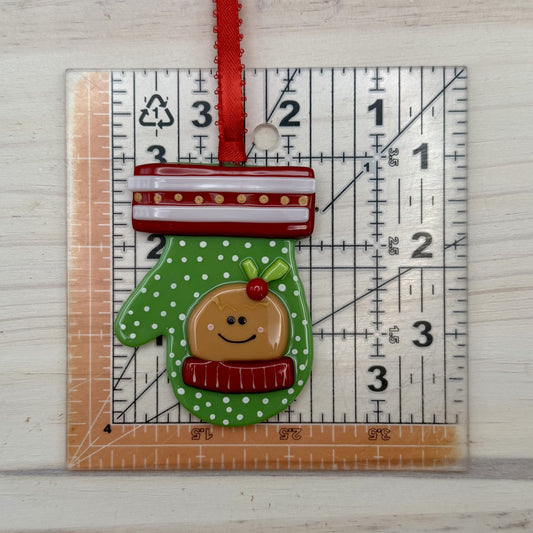 Handcrafted Fused Glass Gingerbread Mitten Ornament – Green Christmas Mitten with Gingerbread Man – Handmade Holiday Decoration