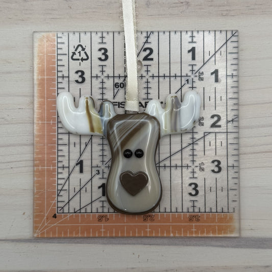 Fused Glass Moose Ornament – Brown & Cream Moose with Rustic Antlers