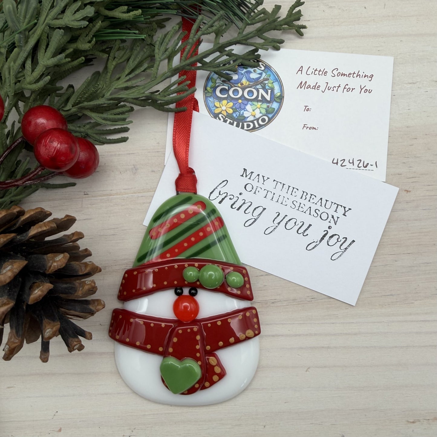 Fused Glass Snowman Ornament – Handmade Holiday Decor with Red & Olive Green Details