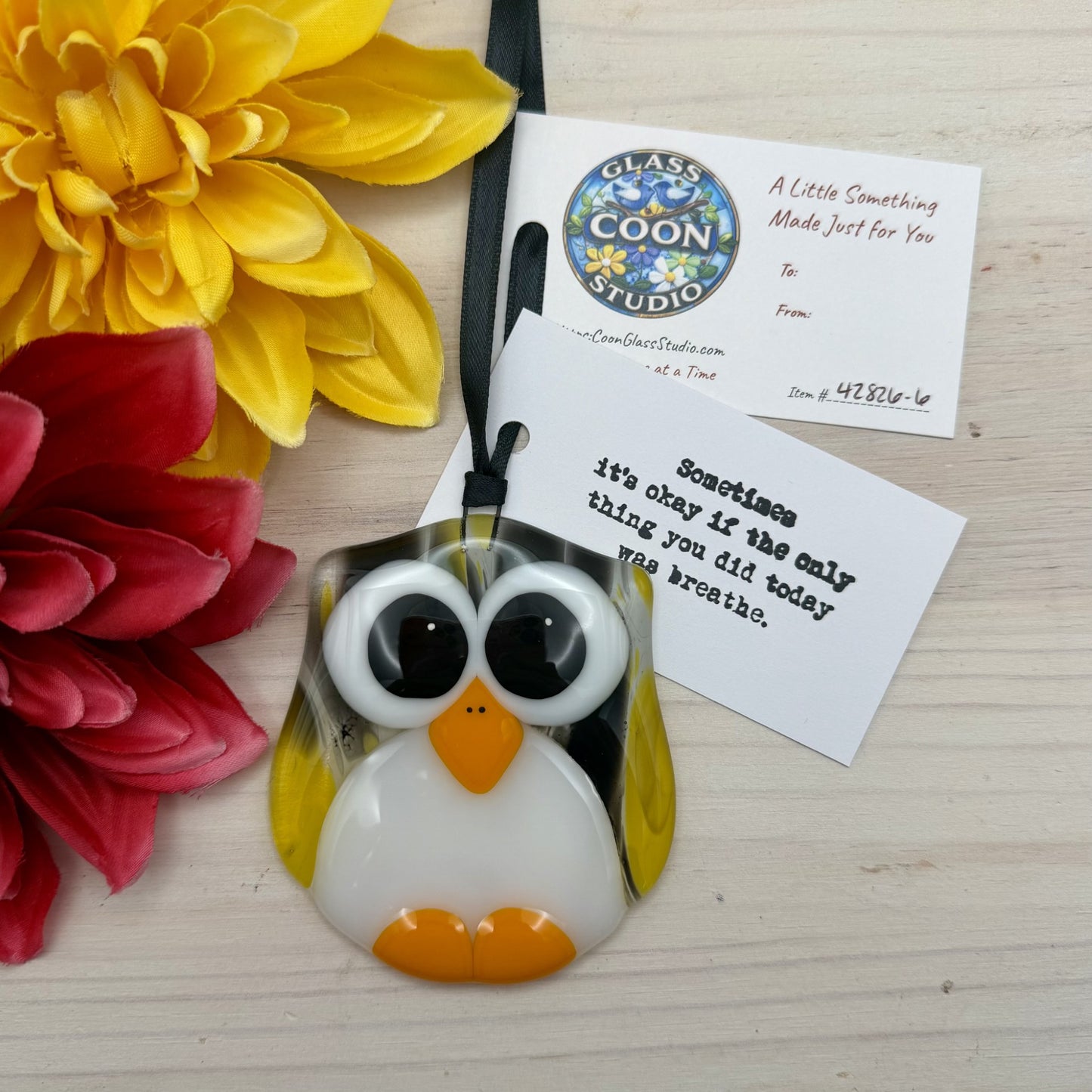 Fused Glass Owl Ornament / Suncatcher – Black, Yellow & White Owl | Handmade Encouragement Gift