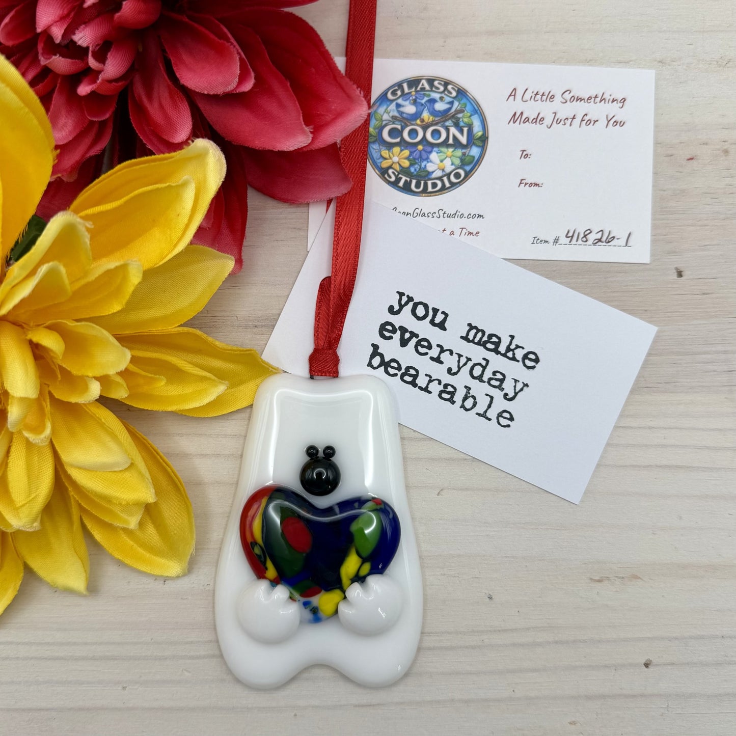 Fused Glass Polar Bear Ornament with Multicolor Heart | “You Make Everyday Bearable” Gift
