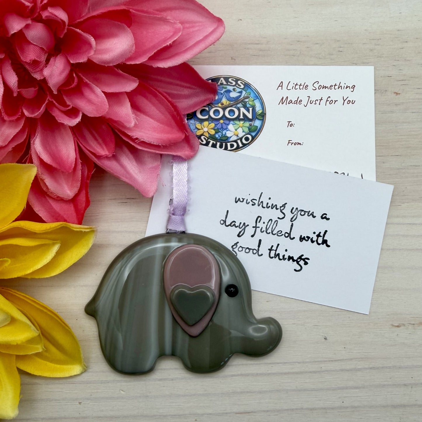 Fused Glass Elephant Ornament – Gray Wispy with Purple Ear | Handmade Decorative Hanging Gift