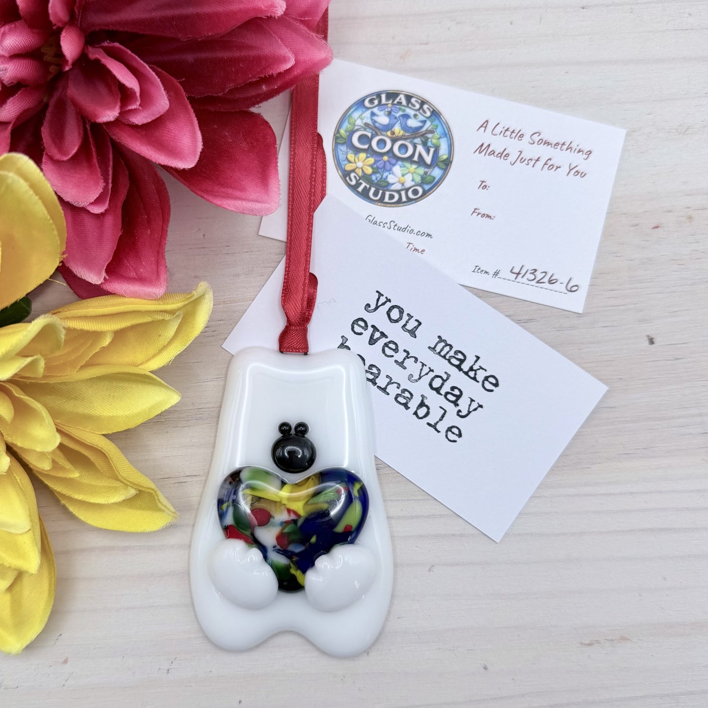 Fused Glass Polar Bear Ornament – Bear Holding Heart – Handmade Glass Ornament – “You Make Everyday Bearable”
