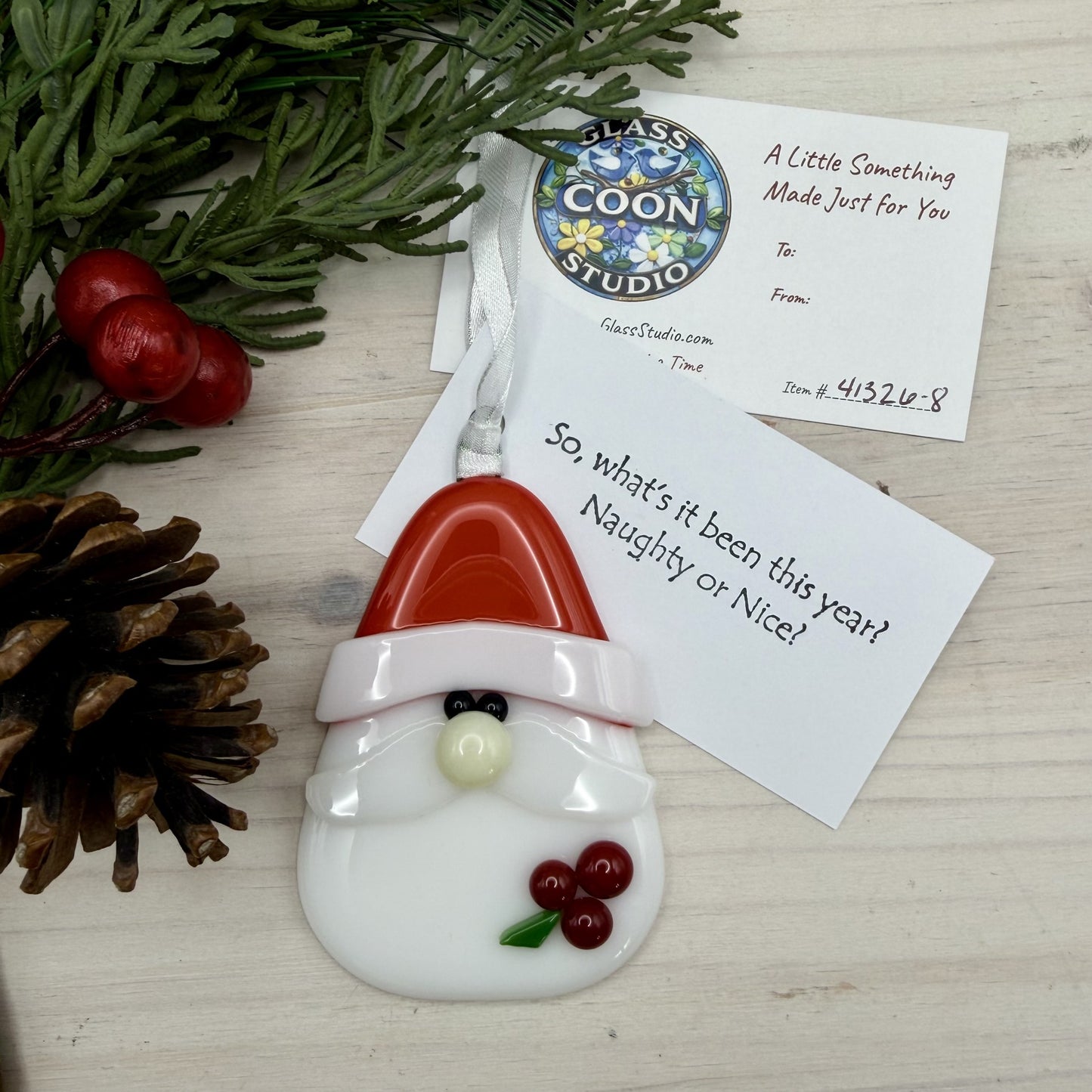 Fused Glass Santa Claus Ornament – Handmade Christmas Ornament – “Naughty or Nice” Holiday Decor