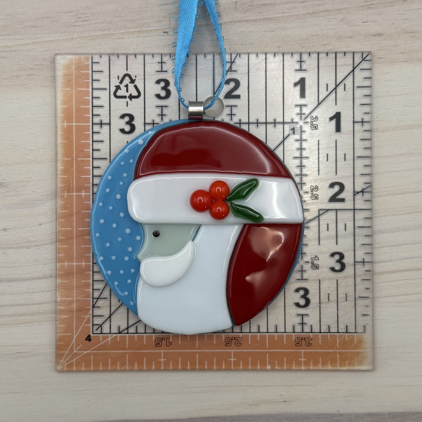 Fused Glass Santa Claus Ornament – Round Santa Christmas Ornament – Handmade Blue and White Holiday Decor