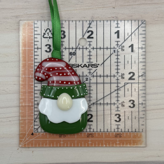 Fused Glass Christmas Gnome Ornament – Red & Green Holiday Gnome