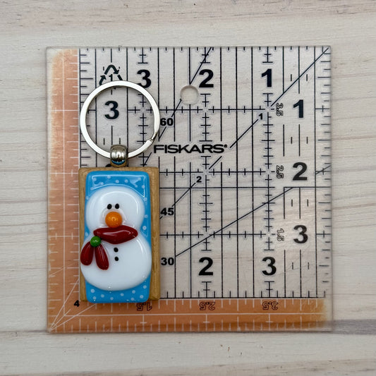 Fused Glass Snowman Keychain – Handmade Beechwood Keychain Charm