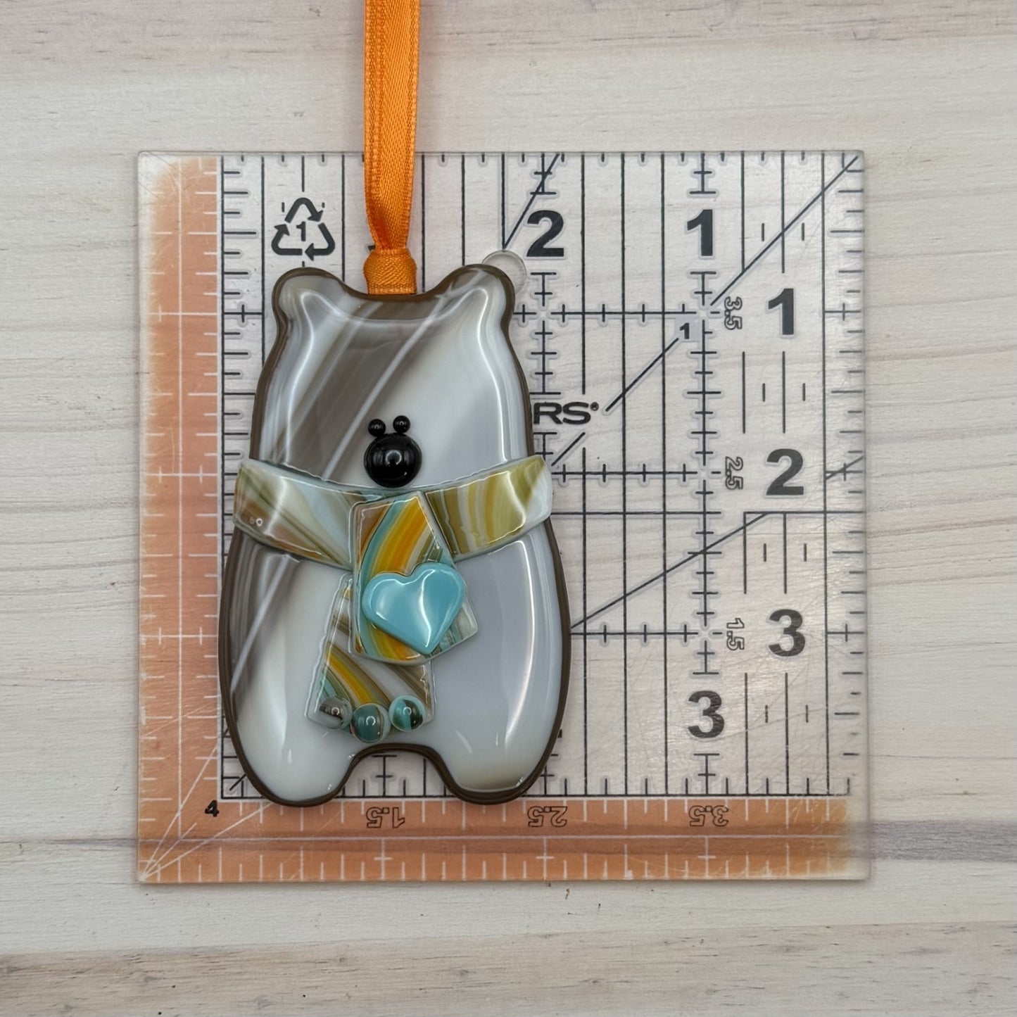 Handcrafted Fused Glass Brown Bear Ornament with Multicolor Scarf and Blue Heart – "You Make Everyday Bearable"