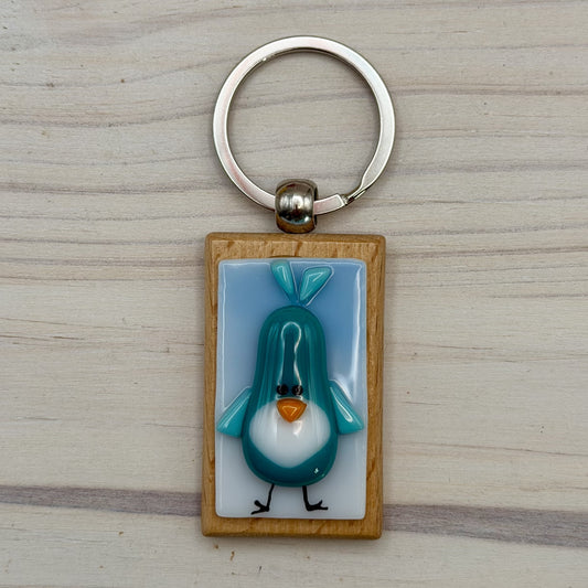 Fused Glass Bird Keychain – Teal Bird Beechwood Keychain