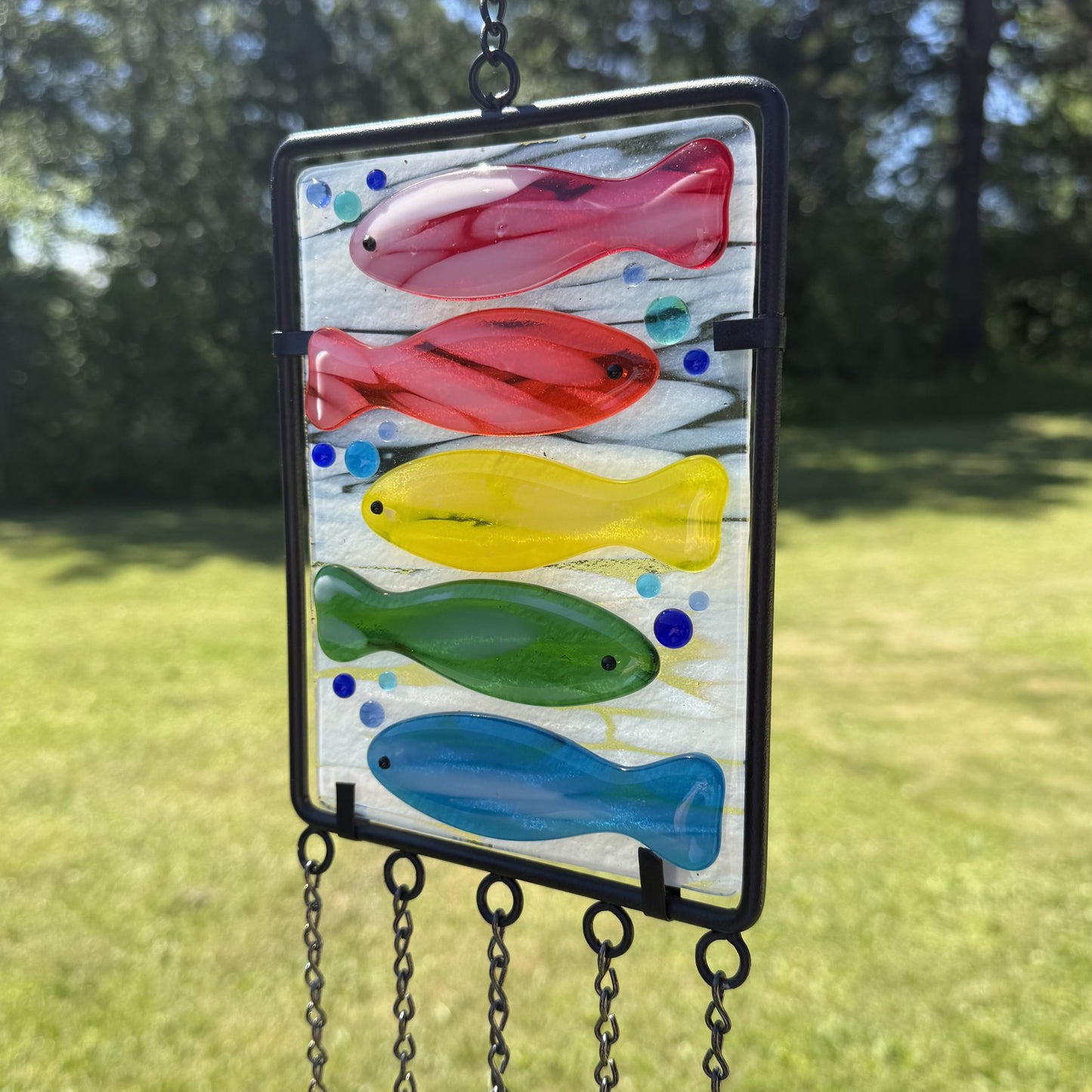 Colorful Fish Fused Glass Wind Chime – Handcrafted Hanging Glass Art for Patio, Deck or Garden