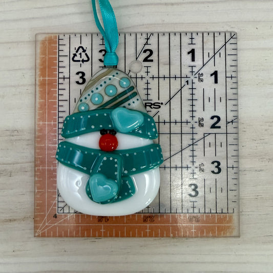 Fused Glass Snowman Ornament with Blue Heart – Handmade Christmas Ornament