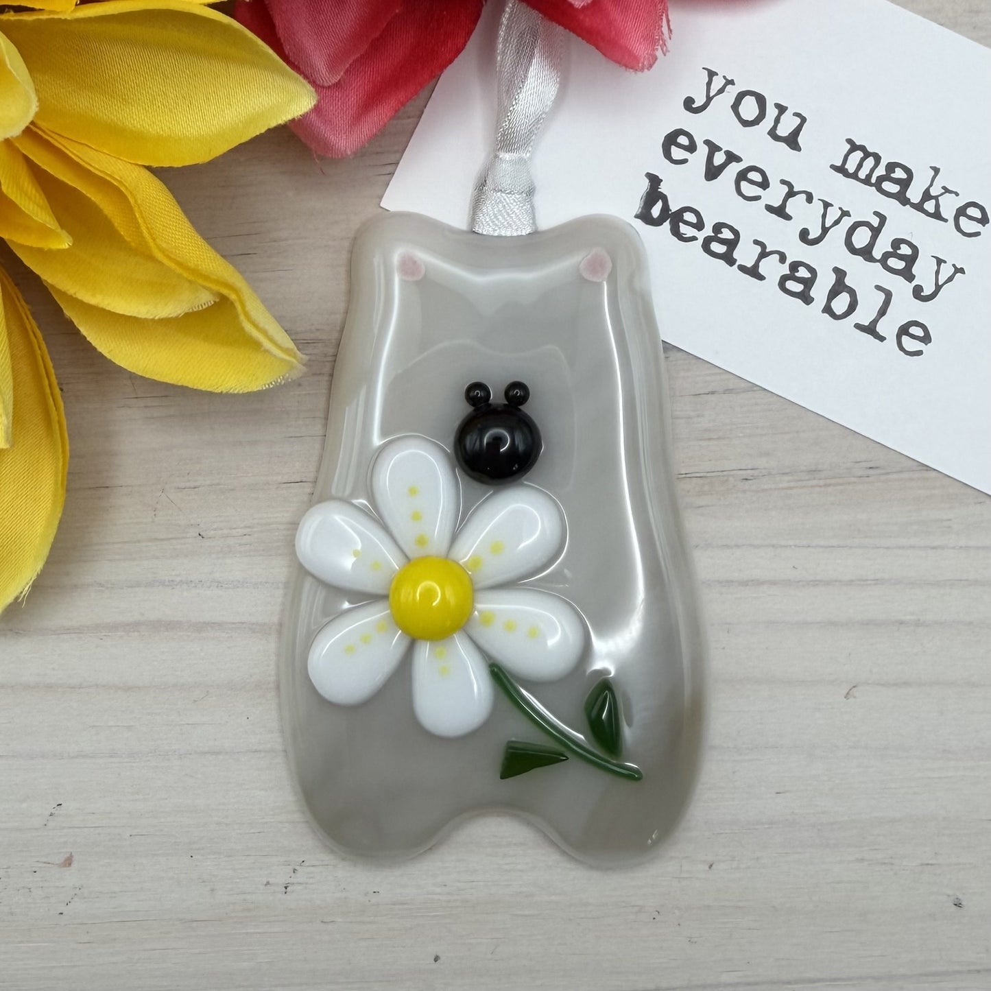 Fused Glass Bear Ornament with a Daisy Flower