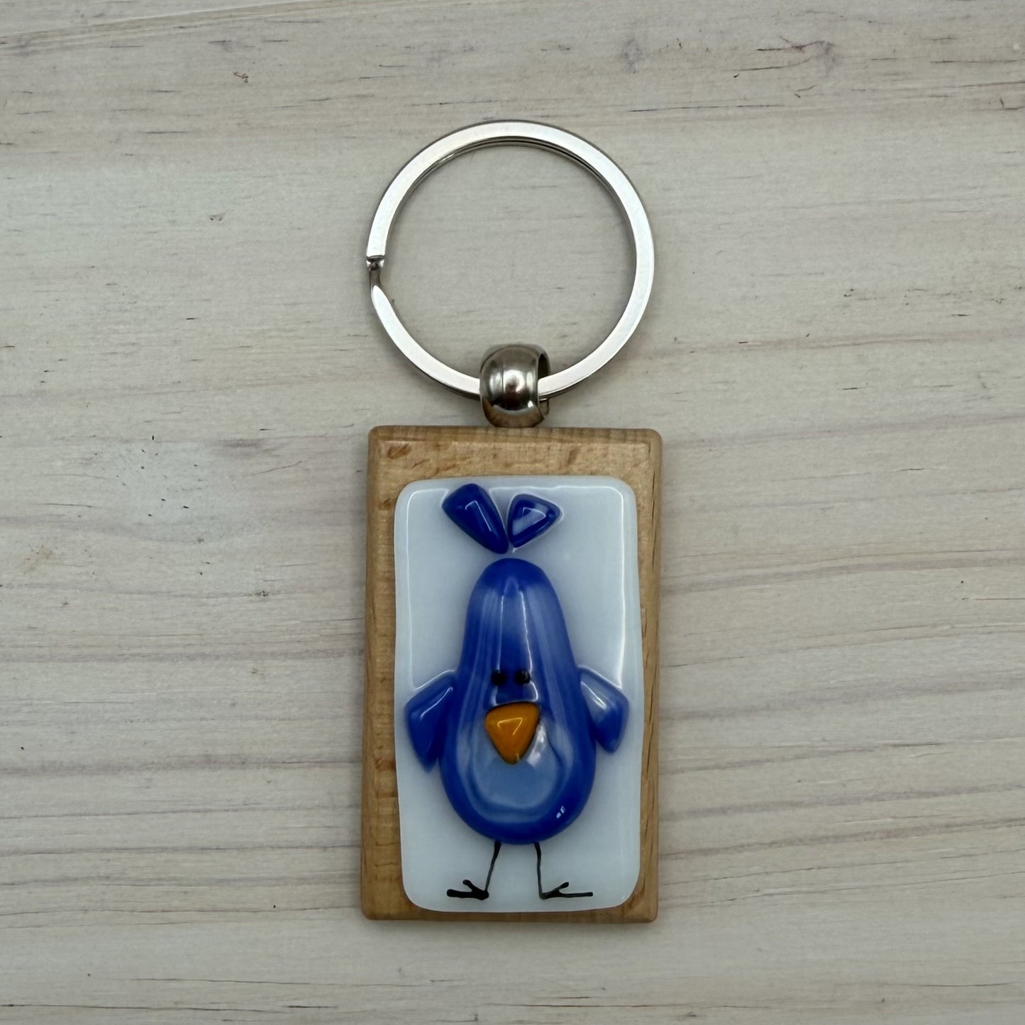Handcrafted Fused Glass Bluebird Keychain on Beechwood – Blue and White Songbird Gift