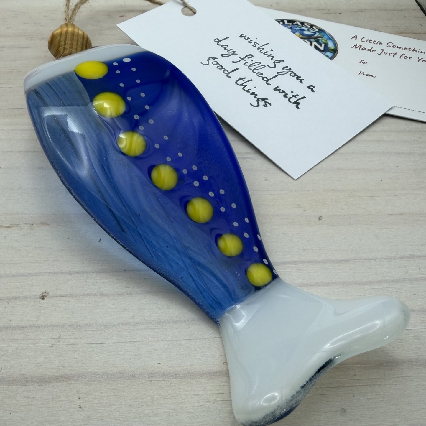 Fused Glass Fish Suncatcher Ornament – Wave Shaped Blue Fish – Handmade Coastal Glass Art