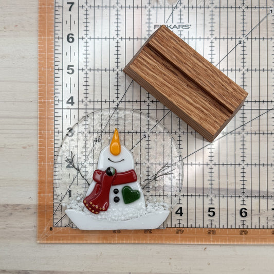 Fused Glass Snowman Snow Globe with Oak Display Stand – Winter Decor