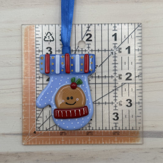 Blue Mitten with Gingerbread Man Fused Glass Ornament