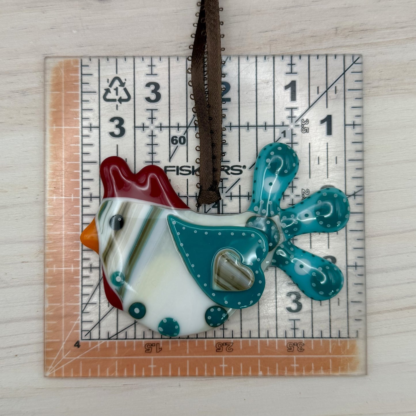 Fused Glass Chicken Ornament with Heart Wing – Handmade Farmhouse Ornament