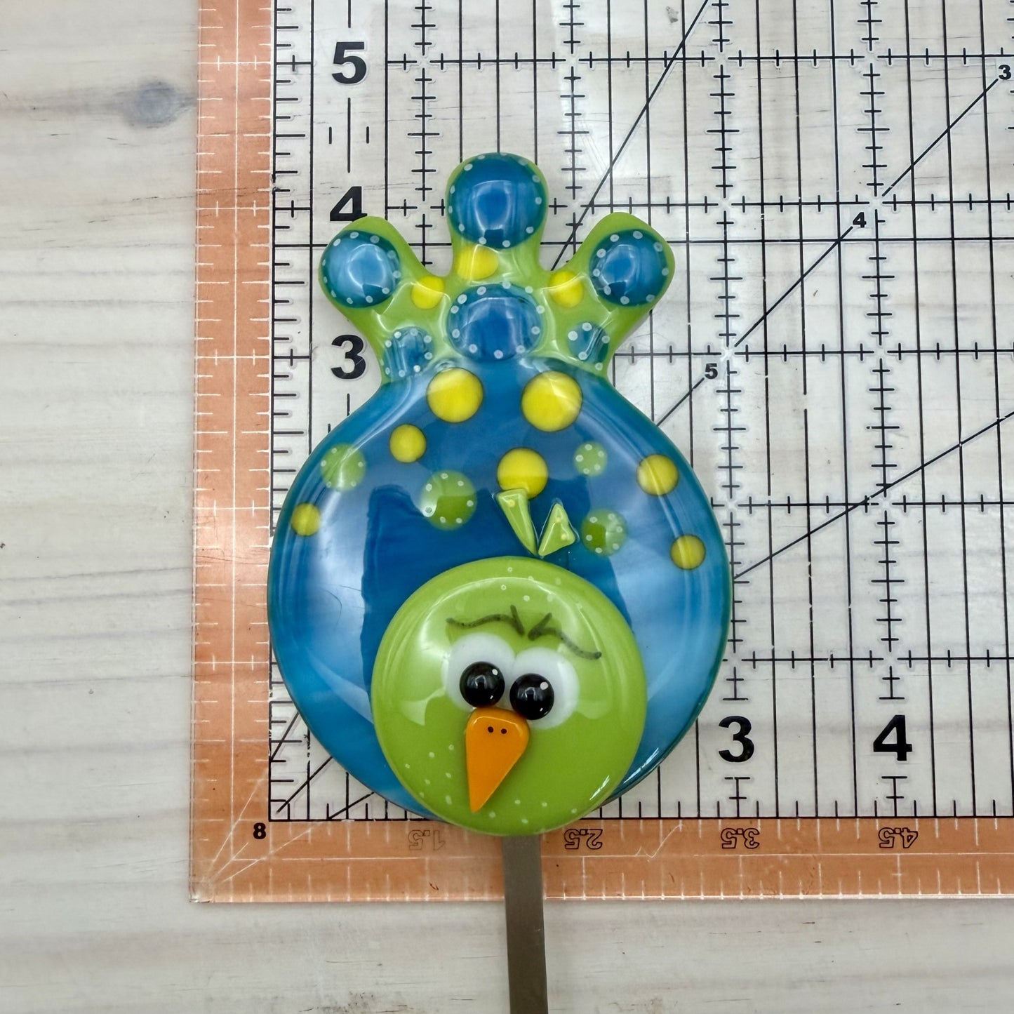 Fused Glass Whimsical Bird Plant Stake – Lime Green & Caribbean Blue Polka Dot Bird – Handmade Garden Art Decor
